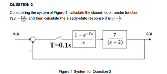 QUESTION 2
Considering the system of Figure 1, calculate the closed-loop transfer function
and then calculate the steady-state response if R(s) =
C(z)
T(z) = R(2)
R(s)
T=0.1s
1- e-Ts
S
7
(s+2)
Figure 1 System for Question 2
C(s)