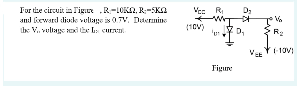 For the circuit in Figure, R₁-10KN, R₂=5KQ
and forward diode voltage is 0.7V. Determine
the V, voltage and the IDI current.
Vcc R₁
(10V)
D₂
MAT
İD1 Z D₁
Figure
V₂
R₂
VEE
Y (-10V)