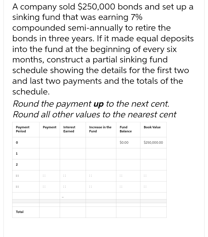 A company sold $250,000 bonds and set up a
sinking fund that was earning 7%
compounded semi-annually to retire the
bonds in three years. If it made equal deposits
into the fund at the beginning of every six
months, construct a partial sinking fund
schedule showing the details for the first two
and last two payments and the totals of the
schedule.
Round the payment up to the next cent.
Round all other values to the nearest cent
Payment
Period
0
1
2
..
Total
Payment Interest
Earned
I
A
I
Increase in the Fund
Fund
11
A
Balance
$0.00
A
I
Book Value
$250,000.00
⠀