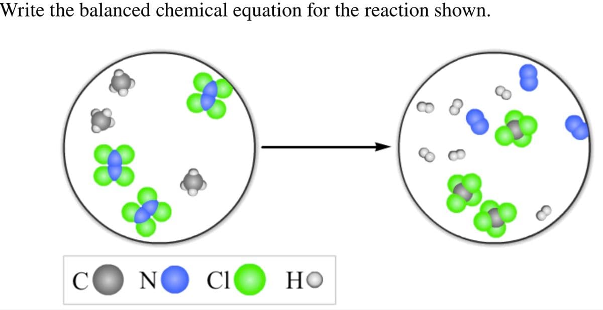 Write the balanced chemical equation for the reaction shown.
C NO Cl
но
