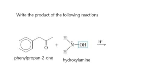 Write the product of the following reactions
H
OH
H
phenylpropan-2-one
hydroxylamine