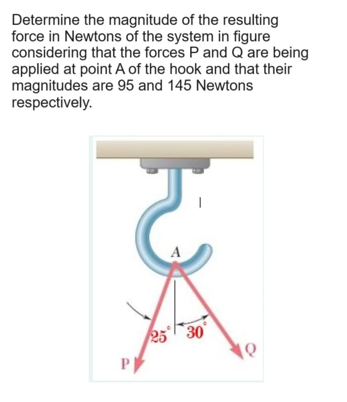 Determine the magnitude of the resulting
force in Newtons of the system in figure
considering that the forces P and Q are being
applied at point A of the hook and that their
magnitudes are 95 and 145 Newtons
respectively.
P
A
25 30
