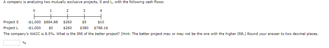 A company is analyzing two mutually exclusive projects, S and L, with the following cash flows:
Project S
Project L
0
%
1
2
3
4
H
$10
$788.16
-$1,000 $884.88 $260
$5
-$1,000 $0
$260
$380
The company's WACC is 8.5%. What is the IRR of the better project? (Hint: The better project may or may not be the one with the higher IRR.) Round your answer to two decimal places.