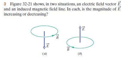 3 Figure 32-21 shows, in two situations, an electric field vector E
and an induced magnetic field line. In each, is the magnitude of E
increasing or decreasing?
(a)
(b)
