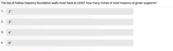 The top of hollow masonry foundation walls must have at LEAST how many inches of solid masonry at girder supports?
1.
2
4
2"
3"
4"