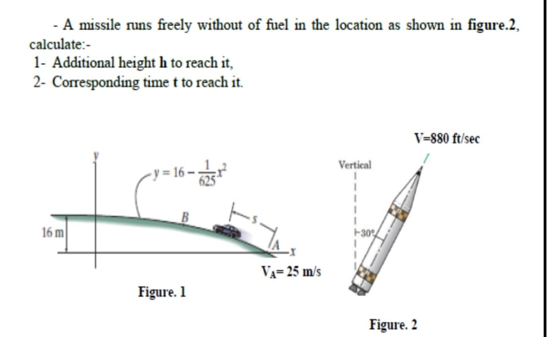 - A missile runs freely without of fuel in the location as shown in figure.2,
calculate:-
1- Additional height h to reach it,
2- Corresponding time t to reach it.
V=880 ft/sec
Vertical
-y=16.
1
I
1
I
1
16 m
Figure. 1
VA= 25 m/s
30%
Figure. 2