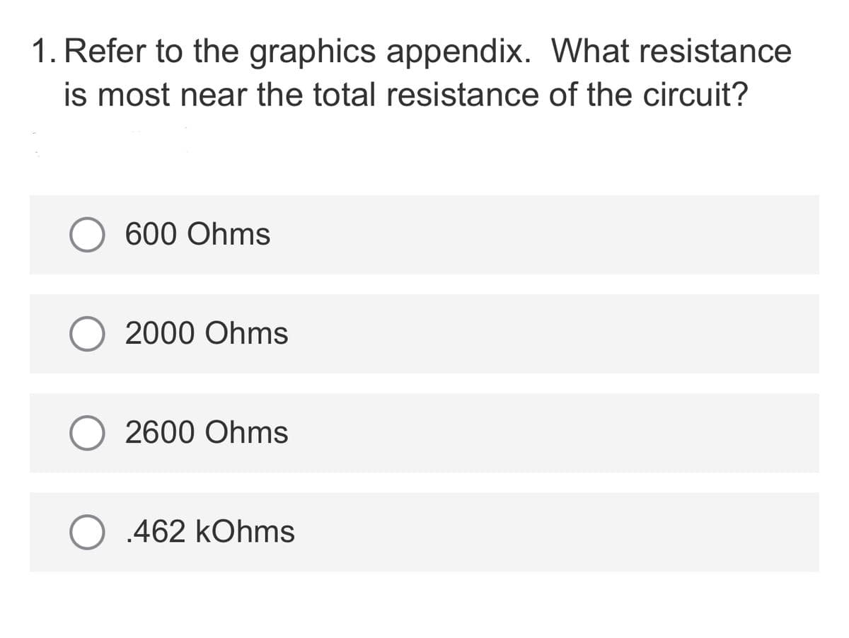 1. Refer to the graphics appendix. What resistance
is most near the total resistance of the circuit?
600 Ohms
2000 Ohms
2600 Ohms
.462 kOhms
