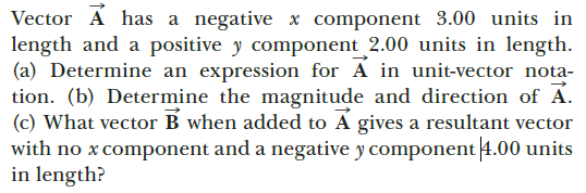 Vector A has a negative x component 3.00 units in
length and a positive y component 2.00 units in length.
(a) Determine an expression for Á in unit-vector nota-
tion. (b) Determine the magnitude and direction of A.
(c) What vector B when added to Á gives a resultant vector
with no x component and a negative y component 4.00 units
in length?
