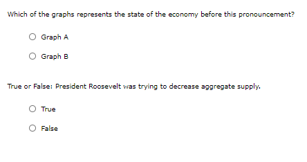 Which of the graphs represents the state of the economy before this pronouncement?
Graph A
Graph B
True or False: President Roosevelt was trying to decrease aggregate supply.
O True
False