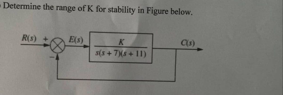 Determine the range of K for stability in Figure below.
R(s)
E(s)
K
s(s+ 7)(s + 11)
C(s)