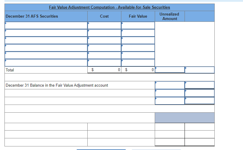 Fair Value Adjustment Computation - Available-for-Sale Securities
Cost
Fair Value
December 31 AFS Securities
Total
December 31 Balance in the Fair Value Adjustment account
0 $
Unrealized
Amount