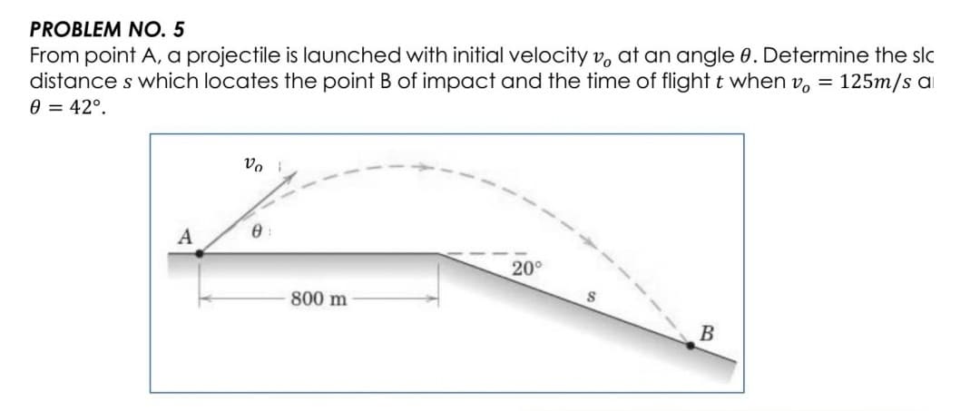 PROBLEM NO. 5
From point A, a projectile is launched with initial velocity v, at an angle 0. Determine the slc
distance s which locates the point B of impact and the time of flight t when v, = 125m/s al
0 = 42°.
A
20°
800 m
B
