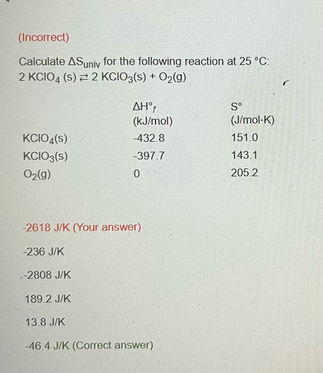 (Incorrect)
Calculate ASuniv for the following reaction at 25 °C:
2 KCIO4 (S) 2 KCIO3(s) + O2(g)
KCIO4(s)
KCIO3(s)
0₂(g)
-2618 J/K (Your answer)
-236 J/K
.-2808 J/K
189.2 J/K
AHºf
(kJ/mol)
-432.8
-397.7
0
13.8 J/K
-46.4 J/K (Correct answer)
Sº
(J/mol-K)
151.0
143.1
205.2
