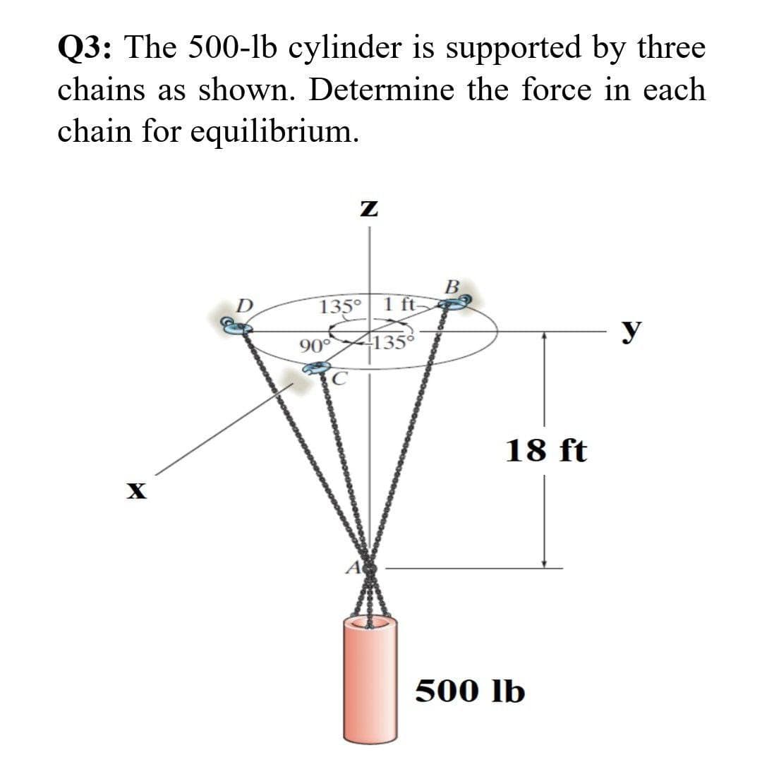 Q3: The 500-1b cylinder is supported by three
chains as shown. Determine the force in each
chain for equilibrium.
Z
135⁰
90°
1 ft
41359
B
18 ft
500 lb
y