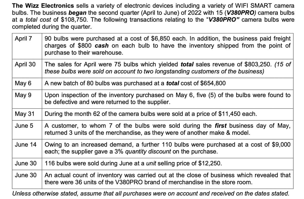 The Wizz Electronics sells a variety of electronic devices including a variety of WIFI SMART camera
bulbs. The business began the second quarter (April to June) of 2022 with 15 (V380PRO) camera bulbs
at a total cost of $108,750. The following transactions relating to the "V380PRO" camera bulbs were
completed during the quarter.
April 7
April 30
May 6
May 9
May 31
June 5
June 14
90 bulbs were purchased at a cost of $6,850 each. In addition, the business paid freight
charges of $800 cash on each bulb to have the inventory shipped from the point of
purchase to their warehouse.
Owing to an increased demand, a further 110 bulbs were purchased at a cost of $9,000
each; the supplier gave a 3% quantity discount on the purchase.
116 bulbs were sold during June at a unit selling price of $12,250.
An actual count of inventory was carried out at the close of business which revealed that
there were 36 units of the V380PRO brand of merchandise in the store room.
Unless otherwise stated, assume that all purchases were on account and received on the dates stated.
June 30
June 30
The sales for April were 75 bulbs which yielded total sales revenue of $803,250. (15 of
these bulbs were sold on account to two longstanding customers of the business)
A new batch of 80 bulbs was purchased at a total cost of $654,800
Upon inspection of the inventory purchased on May 6, five (5) of the bulbs were found to
be defective and were returned to the supplier.
During the month 62 of the camera bulbs were sold at a price of $11,450 each.
A customer, to whom 7 of the bulbs were sold during the first business day of May,
returned 3 units of the merchandise, as they were of another make & model.