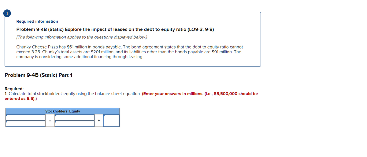 Required information
Problem 9-4B (Static) Explore the impact of leases on the debt to equity ratio (LO9-3, 9-8)
[The following information applies to the questions displayed below.]
Chunky Cheese Pizza has $61 million in bonds payable. The bond agreement states that the debt to equity ratio cannot
exceed 3.25. Chunky's total assets are $201 million, and liabilities other than the bonds payable are $91 million. The
company is considering some additional financing through leasing.
Problem 9-4B (Static) Part 1
Required:
1. Calculate total stockholders' equity using the balance sheet equation. (Enter your answers in millions. (i.e., $5,500,000 should be
entered as 5.5).)
Stockholders' Equity