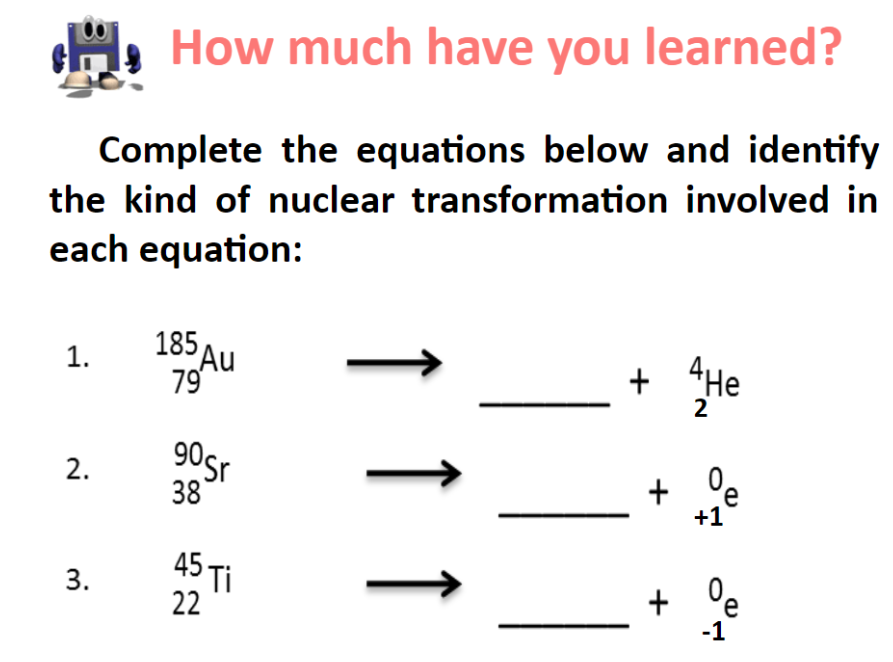 H,
How much have you learned?
Complete the equations below and identify
the kind of nuclear transformation involved in
each equation:
185
PAu
+ He
1.
79
2
90sr
38
+ °e
+1
45 Ti
22
'e
-1
2.
3.
