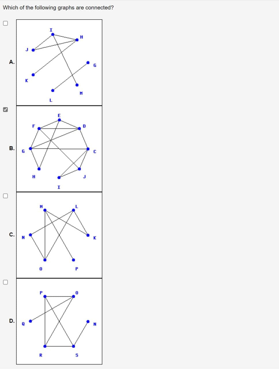 Which of the following graphs are connected?
>
0
0
A.
B.
C.
I
R
H
*
N
S
D