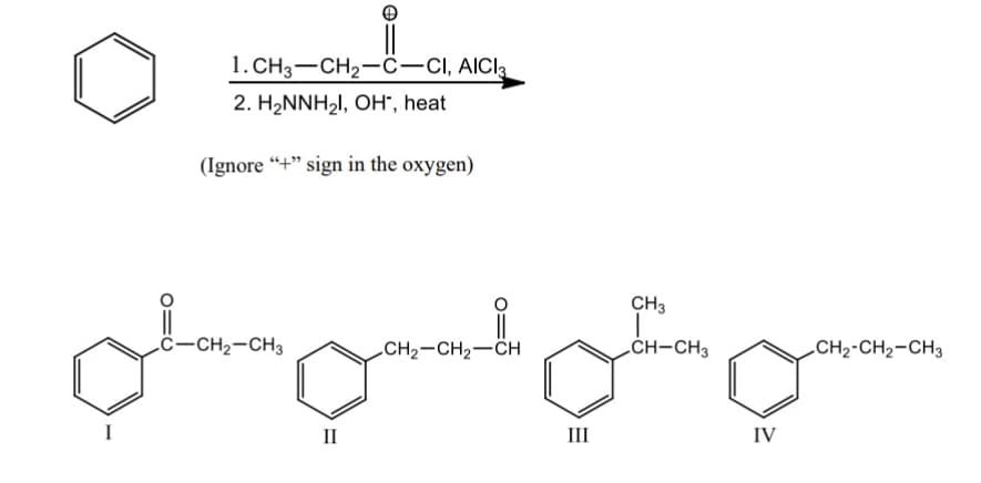 1. CH3-CH2-ċ-CI, AICI,
2. H2NNH2I, OH", heat
(Ignore “+" sign in the oxygen)
Lovenon
CH3
.c–CH2-CH3
CH2-CH2-CH
.ČH–CH3
CH2-CH2-CH3
II
III
IV
