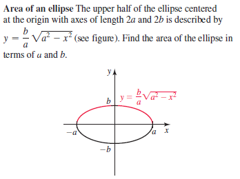 Area of an ellipse The upper half of the ellipse centered
at the origin with axes of length 2a and 2b is described by
b
y :
Va? – x² (see figure). Find the area of the ellipse in
a
terms of u and b.
yA
Va - x
by
a x
-b
