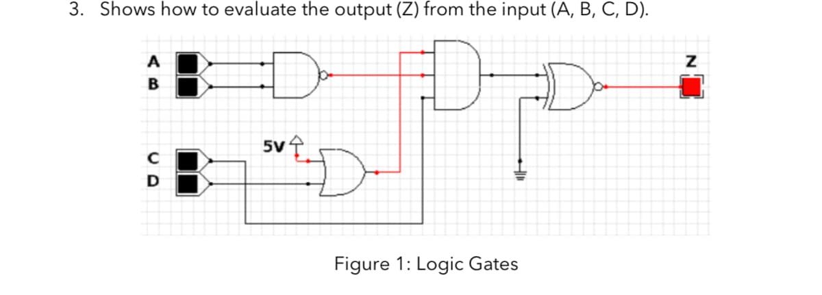 3. Shows how to evaluate the output (Z) from the input (A, B, C, D).
D-
A
B
5v ↑.
Figure 1: Logic Gates
