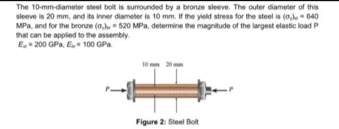 The 10-mm-diameter steel bolt is surrounded by a bronze sleeve. The outer diameter of this
sleeve is 20 mm, and its inner diameter is 10 mm. If the yield stress for the steel is (ay)
MPa, and for the bronze (ay)or 520 MPa, determine the magnitude of the largest elastic load P
640
that can be applied to the assembly.
E 200 GPa, Ebr= 100 GPa.
10 mm 20 mm
Figure 2: Steel Bolt