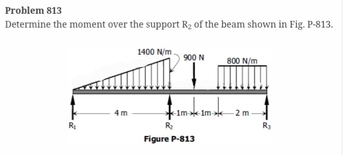 Problem 813
Determine the moment over the support R₂ of the beam shown in Fig. P-813.
R₁
4m
1400 N/m
R₂
900 N
-1m-1m-
Figure P-813
800 N/m
2 m
R3