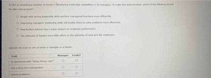 A CEO is considering whether to invest in Developing leadership capabilities in its managers. To make this determination, which of the following should
he take into account?
O People with strong leadership skills perform managerial functions more efficiently.
O Improving managers' leadership skills will enable them to solve problems more effectively.
O How leaders behave has a major impact on employee performance.
O The attitudes of leaders have little effect on the attitudes of rank-and-file employees
Identify the trait as one of either a manager or a leader.
Trait
Is concerned with "doing things right"
Has a long-term perspective
Solves problems
Manager Leader
°
O
°