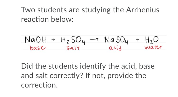 Two students are studying the Arrhenius
reaction below:
NAOH + Hz SO4
Na SOy + H20
base
salt
acid
water
Did the students identify the acid, base
and salt correctly? If not, provide the
correction.
