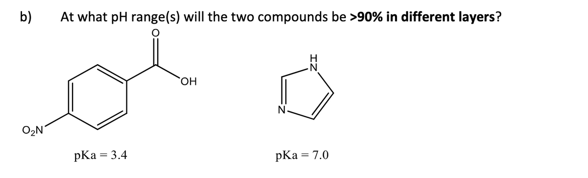 b)
At what pH range(s) will the two compounds be >90% in different layers?
N
OH
O₂N
pKa = 3.4
pKa = 7.0