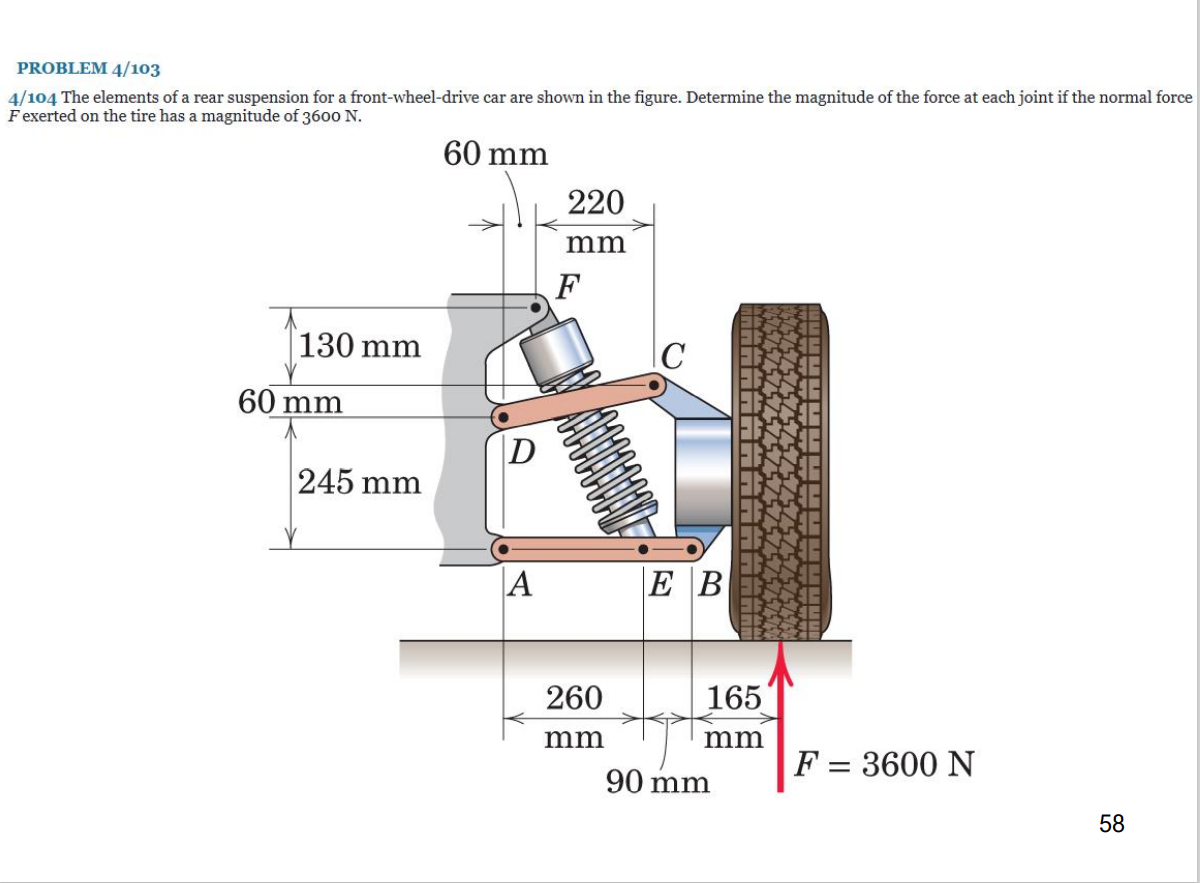 PROBLEM 4/103
4/104 The elements of a rear suspension for a front-wheel-drive car are shown in the figure. Determine the magnitude of the force at each joint if the normal force
Fexerted on the tire has a magnitude of 3600 N.
60 mm
220
mm
F
130 mm
60 mm
D
245 mm
A
|Е В
260
165
mm
mm
F = 3600 N
90 mm
58
