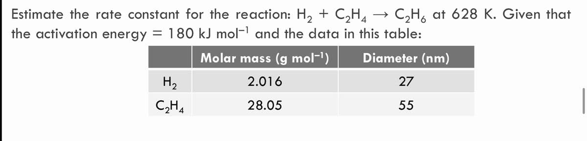 Estimate the rate constant for the reaction: H2 + C₂H → C₂Hò at 628 K. Given that
the activation energy
= 180 kJ mol-1 and the data in this table:
Molar mass (g mol−¹)
H₂
2.016
C2H4
28.05
Diameter (nm)
27
55