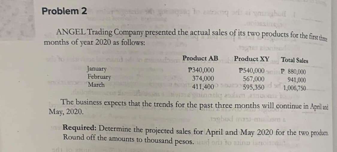Problem 2
to strong se ai qninghold t
ANGEL Trading Company presented the actual sales of its two products for the first three
months of year 2020 as follows:
January
February
March
Product AB
P340,000
374,000
411,400
guinnsiq adam ainooms to
Product XY
Total Sales
P540,000P 880,000
941,000
1,006,750
567,000
595,350 ed w
The business expects that the trends for the past three month
May, 2020.
three months will continue in April and
2006
1gbud mass-mulom s
Required: Determine the projected sales for April and May 2020 for the two products
Round off the amounts to thousand pesos. iud or to azing
