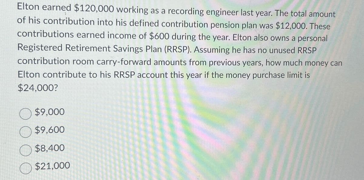 Elton earned $120,000 working as a recording engineer last year. The total amount
of his contribution into his defined contribution pension plan was $12,000. These
contributions earned income of $600 during the year. Elton also owns a personal
Registered Retirement Savings Plan (RRSP). Assuming he has no unused RRSP
contribution room carry-forward amounts from previous years, how much money can
Elton contribute to his RRSP account this year if the money purchase limit is
$24,000?
O $9,000
$9,600
$8,400
$21,000