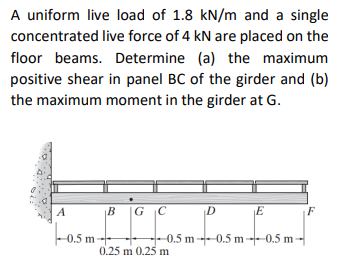 A uniform live load of 1.8 kN/m and a single
concentrated live force of 4 kN are placed on the
floor beams. Determine (a) the maximum
positive shear in panel BC of the girder and (b)
the maximum moment in the girder at G.
A
-0.5 m-
B GC
D
0.25 m 0.25 m
E
0.5 m 0.5 m 0.5 m