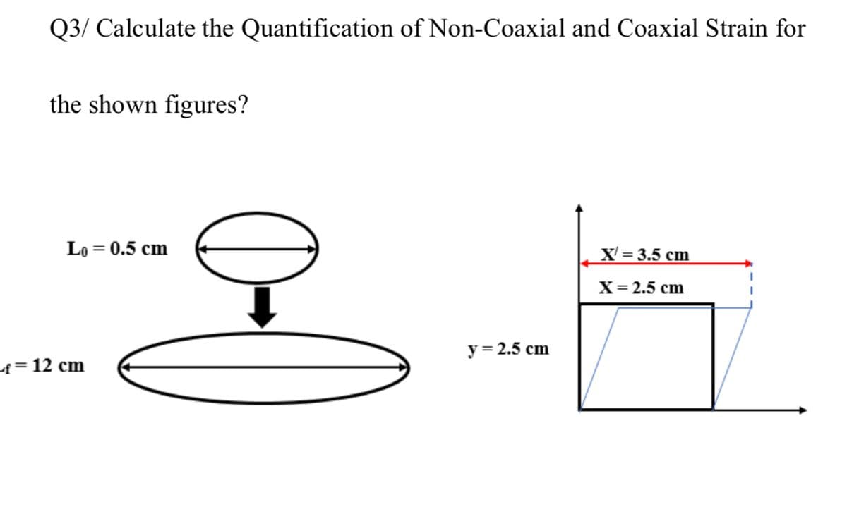 Q3/ Calculate the Quantification of Non-Coaxial and Coaxial Strain for
the shown figures?
Lo = 0.5 cm
X' = 3.5 cm
X-2.5 сm
у 3 2.5 сm
4= 12 cm
