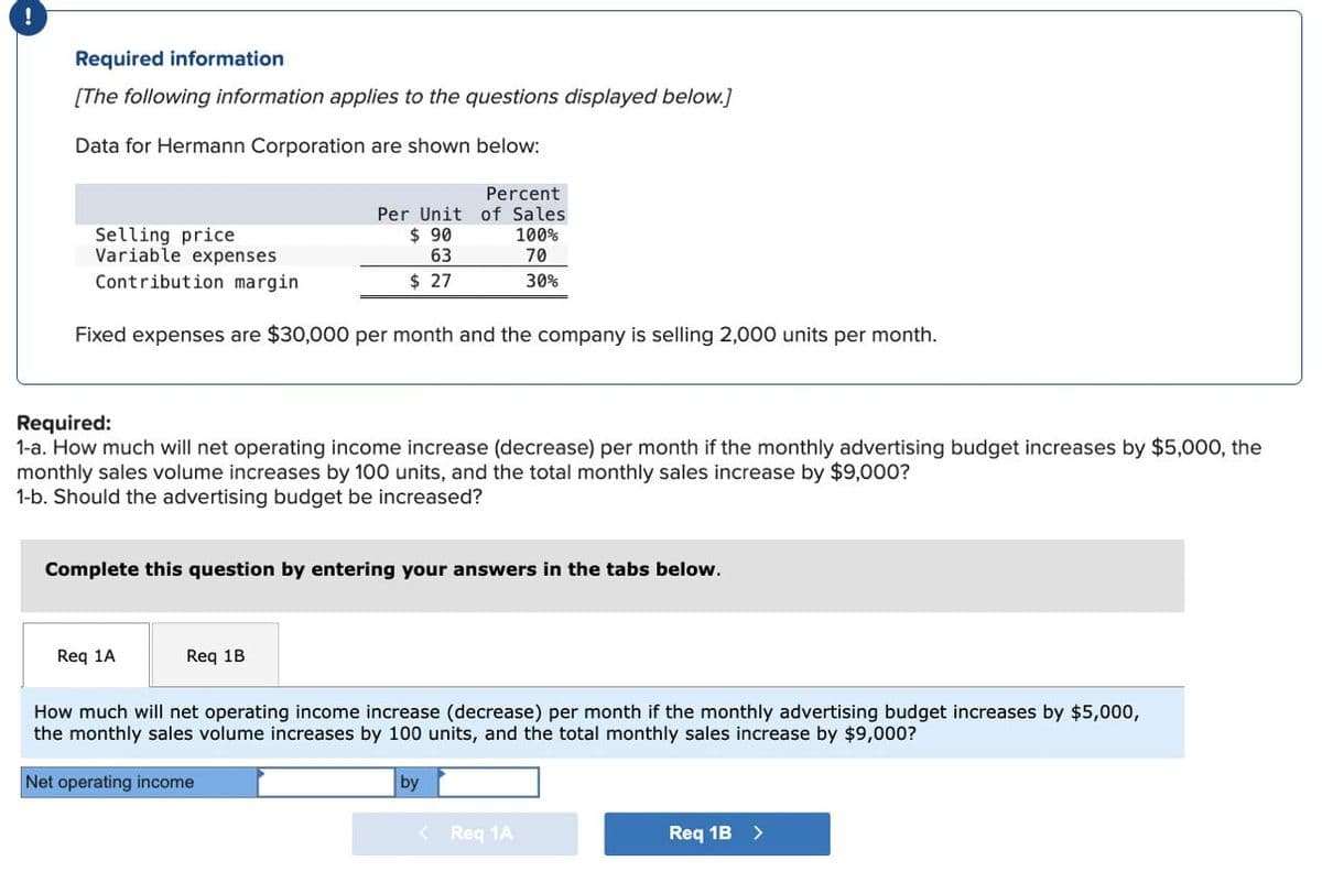 !
Required information
[The following information applies to the questions displayed below]
Data for Hermann Corporation are shown below:
Selling price
Variable expenses
Contribution margin
Percent
Per Unit of Sales
100%
70
30%
$ 90
63
$ 27
Fixed expenses are $30,000 per month and the company is selling 2,000 units per month.
Required:
1-a. How much will net operating income increase (decrease) per month if the monthly advertising budget increases by $5,000, the
monthly sales volume increases by 100 units, and the total monthly sales increase by $9,000?
1-b. Should the advertising budget be increased?
Complete this question by entering your answers in the tabs below.
Req 1A
Req 1B
How much will net operating income increase (decrease) per month if the monthly advertising budget increases by $5,000,
the monthly sales volume increases by 100 units, and the total monthly sales increase by $9,000?
Net operating income
by
< Req 1A
Req 1B >