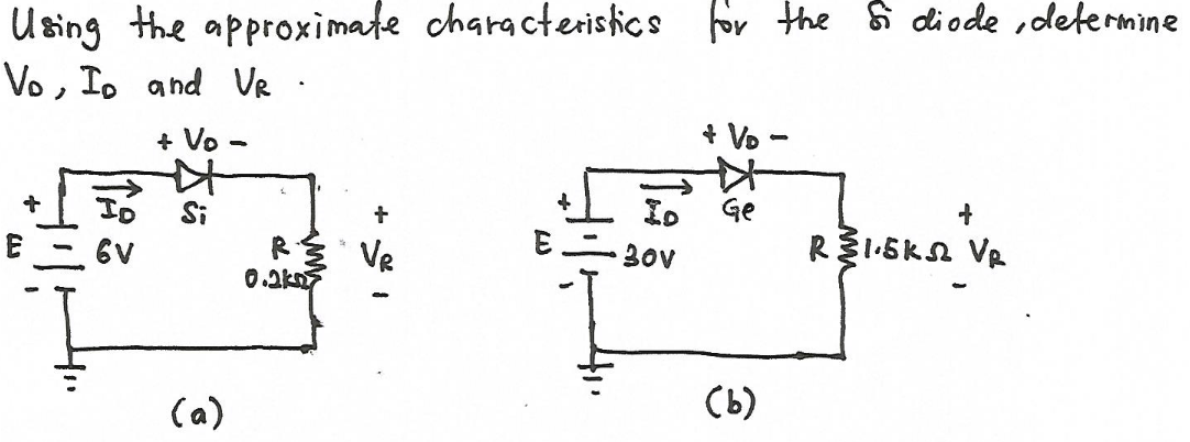 Using the approximate characteristics for the ĥ diode ,determine
Vo , I, and VR
+ Vo
+ Vo -
Io Ge
RÉ Ve
0.2kn
6V
30v
(a)
(b)
