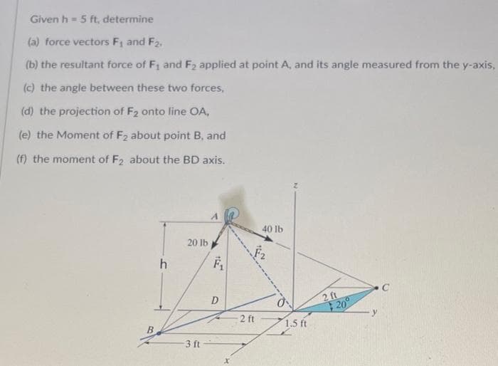 Given h = 5 ft, determine
(a) force vectors F₁ and F2.
(b) the resultant force of F₁ and F₂ applied at point A, and its angle measured from the y-axis,
(c) the angle between these two forces,
(d) the projection of F₂ onto line OA,
(e) the Moment of F₂ about point B, and
(f) the moment of F2 about the BD axis.
h
20 lb
-3 ft
A
F₁
D
40 lb
F2
-2 ft
1.5 ft
2 ft
20°
C
