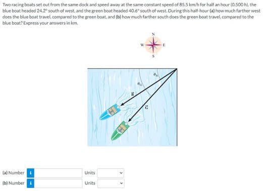 Two racing boats set out from the same dock and speed away at the same constant speed of 85.5 km/h for half an hour (0.500 h), the
blue boat headed 24.2° south of west, and the green boat headed 40.6° south of west. During this half-hour (a) how much farther west
does the blue boat travel, compared to the green boat, and (b) how much farther south does the green boat travel, compared to the
blue boat? Express your answers in km.
(a) Number i
(b) Number i
Units
Units
0
23