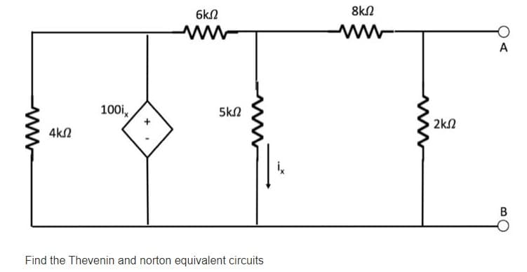 6kN
8kN
ww
A
100i,
5kN
2kN
4k2
B
Find the Thevenin and norton equivalent circuits
ww
