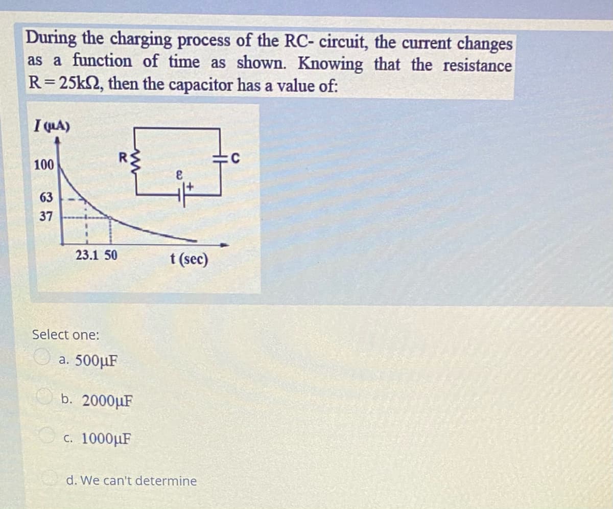 During the charging process of the RC- circuit, the current changes
as a function of time as shown. Knowing that the resistance
R=25k2, then the capacitor has a value of:
I QUA)
100
63
37
23.1 50
t (sec)
Select one:
a. 500µF
b. 2000µF
C. 1000µF
d. We can't determine
