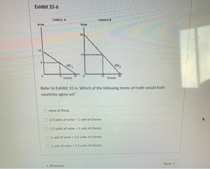 Exhibit 33-6
10
n
0
Country A
Cheese
Onone of these
Wine
Country B
Refer to Exhibit 33-6. Which of the following terms of trade would both
countries agree on?
2.5 units of wine 1 unit of cheese
1.5 units of wine - 1 unit of cheese
Previous
1 unit of wine - 2.5 units of cheese
1 unit of wine - 1.5 units of cheese
POF
Crew
Next