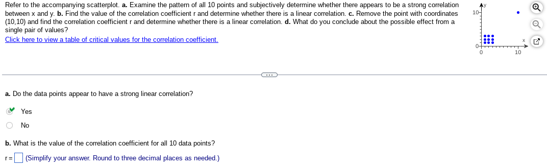 Refer to the accompanying scatterplot. a. Examine the pattern of all 10 points and subjectively determine whether there appears to be a strong correlation
between x and y. b. Find the value of the correlation coefficient r and determine whether there is a linear correlation. c. Remove the point with coordinates
(10,10) and find the correlation coefficient r and determine whether there is a linear correlation. d. What do you conclude about the possible effect from a
single pair of values?
Click here to view a table of critical values for the correlation coefficient.
a. Do the data points appear to have a strong linear correlation?
Yes
No
b. What is the value of the correlation coefficient for all 10 data points?
(Simplify your answer. Round to three decimal places as needed.)
C
10-
10