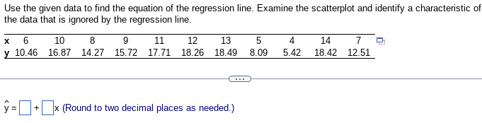 Use the given data to find the equation of the regression line. Examine the scatterplot and identify a characteristic of
the data that is ignored by the regression line.
X 6
10
8
9
11
12 13
y 10.46 16.87 14.27 15.72 17.71 18.26 18.49
y=+x (Round to two decimal places as needed.)
5
8.09
4
5.42
14
7
18.42 12.51