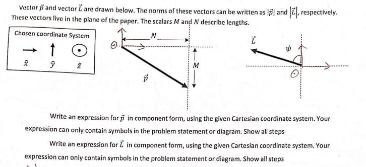 Vector p and vector L are drawn below. The norms of these vectors can be written as lp| and , respectively.
These vectors live in the plane of the paper. The scalars M and N describe lengths.
Chosen coordinate System
N
M
Write an expression for p in component form, using the given Cartesian coordinate system. Your
expression can only contain symbols in the problem statement or diagram. Show all steps
Write an expression for L in component form, using the given Cartesian coordinate system. Your
expression can only contain symbols in the problem statement or diagram. Show all steps
