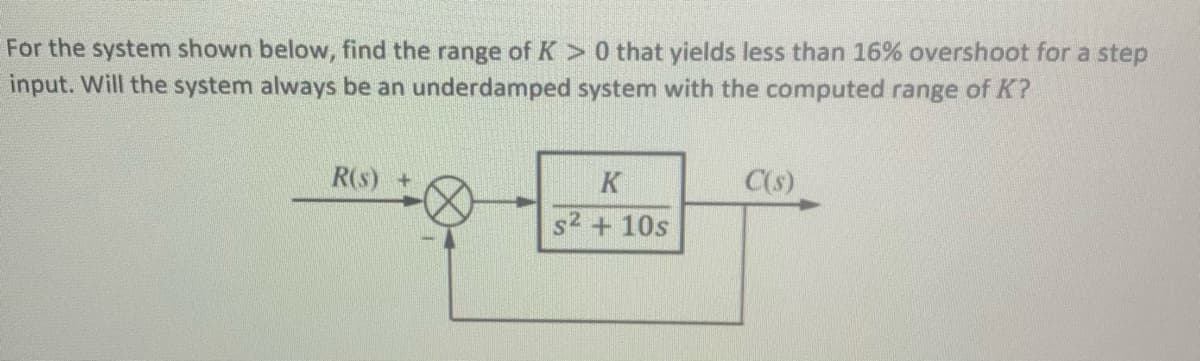 For the system shown below, find the range of K> 0 that yields less than 16% overshoot for a step
input. Will the system always be an underdamped system with the computed range of K?
R(s) +
K
s² + 10s
C(s)