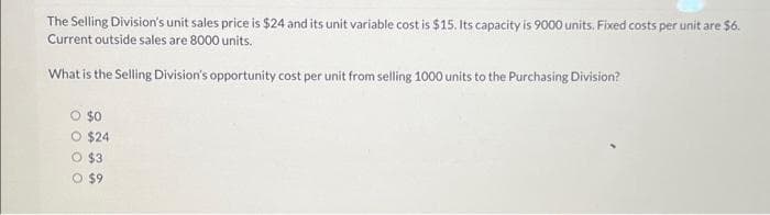 The Selling Division's unit sales price is $24 and its unit variable cost is $15. Its capacity is 9000 units. Fixed costs per unit are $6.
Current outside sales are 8000 units.
What is the Selling Division's opportunity cost per unit from selling 1000 units to the Purchasing Division?
$0
$24
O $3
O $9