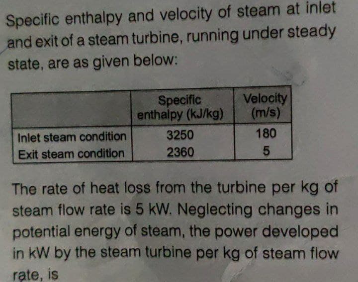 Specific enthalpy and velocity of steam at inlet
and exit of a steam turbine, running under steady
state, are as given below:
Specific
enthalpy (kJ/kg)
Velocity
(m/s)
Inlet steam condition
3250
180
Exit steam condition
2360
The rate of heat loss from the turbine per kg of
steam flow rate is 5 kW. Neglecting changes in
potential energy of steam, the power developed
in kW by the steam turbine per kg of steam flow
rate, is
