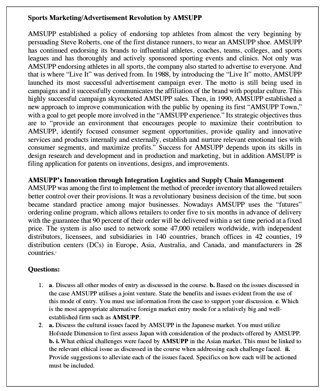Sports Marketing/Advertisement
Revolution by AMSUPP
AMSUPP established a policy of endorsing top athletes from almost the very beginning by
persuading Steve Roberts, one of the first distance runners, to wear an AMSUPP shoe. AMSUPP
has continued endorsing its brands to influential athletes, coaches, teams, colleges, and sports
leagues and has thoroughly and actively sponsored sporting events and clinics. Not only was
AMSUPP endorsing athletes in all sports, the company also started to advertise to everyone. And
that is where "Live It" was derived from. In 1988, by introducing the "Live It" motto, AMSUPP
launched its most successful advertisement campaign ever. The motto is still being used in
campaigns and it successfully communicates the affiliation of the brand with popular culture. This
highly successful campaign skyrocketed AMSUPP sales. Then, in 1990, AMSUPP established a
new approach to improve communication with the public by opening its first "AMSUPP Town,"
with a goal to get people more involved in the "AMSUPP experience." Its strategic objectives thus
are to "provide an environment that encourages people to maximize their contribution to
AMSUPP, identify focused consumer segment opportunities, provide quality and innovative
services and products internally and externally, establish and nurture relevant emotional ties with
consumer segments, and maximize profits." Success for AMSUPP depends upon its skills in
design research and development and in production and marketing, but in addition AMSUPP is
filing application for patents on inventions, designs, and improvements.
AMSUPP's Innovation through Integration Logistics and Supply Chain Management
AMSUPP was among the first to implement the method of preorder inventory that allowed retailers
better control over their provisions. It was a revolutionary business decision of the time, but soon
became standard practice among major businesses. Nowadays AMSUPP uses the "futures"
ordering online program, which allows retailers to order five to six months in advance of delivery
with the guarantee that 90 percent of their order will be delivered within a set time period at a fixed
price. The system is also used to network some 47,000 retailers worldwide, with independent
distributors, licensees, and subsidiaries in 140 countries, branch offices in 42 counties, 19
distribution centers (DCs) in Europe, Asia, Australia, and Canada, and manufacturers in 28
countries.
Questions:
1. a. Discuss all other modes of entry as discussed in the course. b. Based on the issues discussed in
the case AMSUPP utilises a joint venture. State the benefits and issues evident from the use of
this mode of entry. You must use information from the case to support your discussion. c. Which
is the most appropriate alternative foreign market entry mode for a relatively big and well-
established firm such as AMSUPP.
2. a. Discuss the cultural issues faced by AMSUPP in the Japanese market. You must utilize
Hofstede Dimension to first assess Japan with consideration of the products offered by AMSUPP.
b. i. What ethical challenges were faced by AMSUPP in the Asian market. This must be linked to
the relevant ethical issue as discussed in the course when addressing each challenge faced. ii.
Provide suggestions to alleviate each of the issues faced. Specifics on how each will be actioned
must be included.